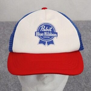 Vintage PBR Pabst Blue Ribbon Trucker Hat Red White Blue Mesh Snapback Beer Logo